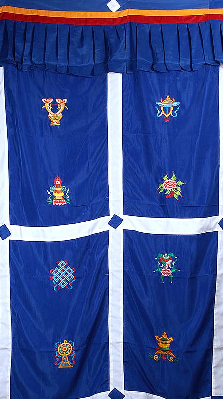 Ashtamangala (Eight Auspicious Symbols of Buddhism, Tib. bkra shis rtags brgyad) - Tibetan Altar Curtain with Hanging Cloth Atop