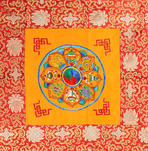 Mandala of Ashtamangala (Eight Auspicious Symbols of Buddhism, Tib. bkra shis rtags brgyad) with Woven Auspicious Tibetan Symbols - Altar Cloth