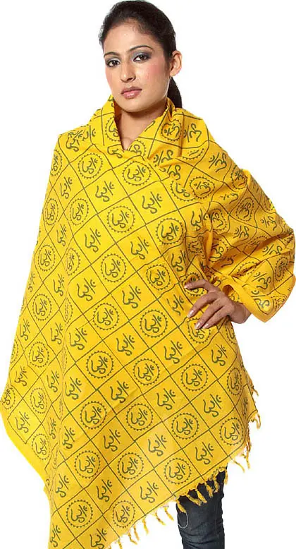 Yellow Hindu Prayer Shawl with Printed Oms All-Over