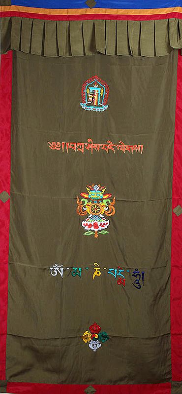 Buddhist Altar Curtain with Embroidered Ashtamangala