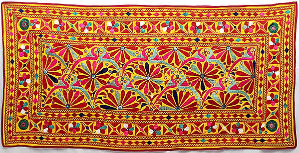 Yellow Hand-Embroidered Wall Hanging from Kutch