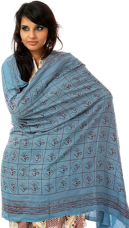 Blue Hindu Prayer Shawl with Printed Om