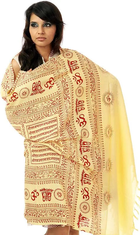 Powder-Yellow Prayer Shawl with Printed Sri Ram Jai Ram Jai Jai Ram Mantra