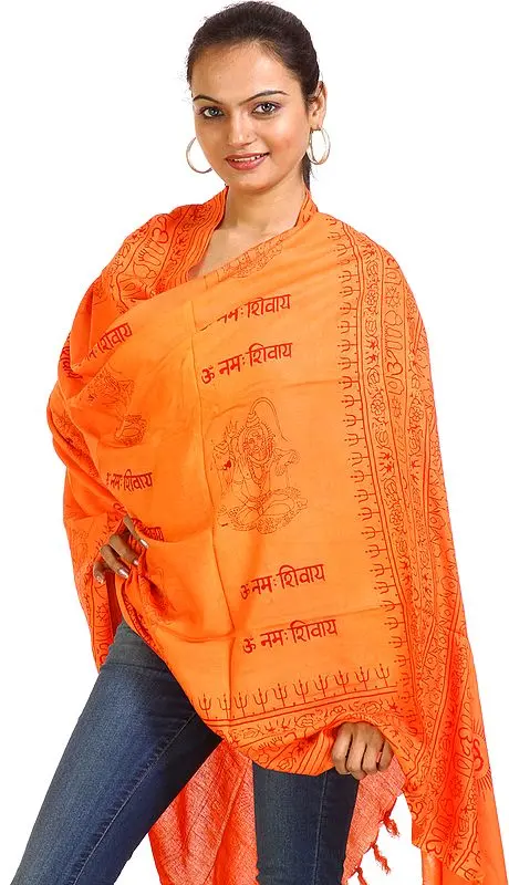 Orange Om Namah Shivai Shawl with Printed Shiva Figures