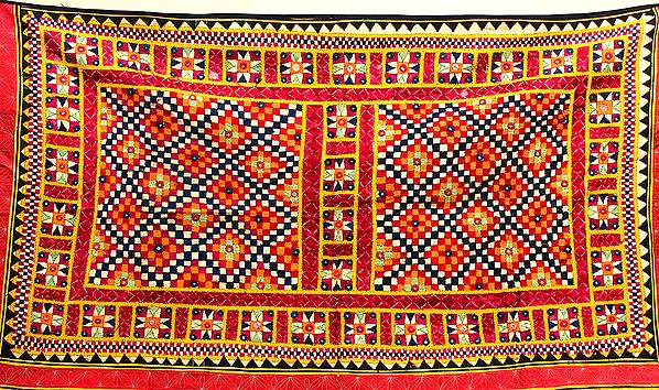 Antiquated Hand-Embroidered Wall Hanging from Kutch with Mirrors