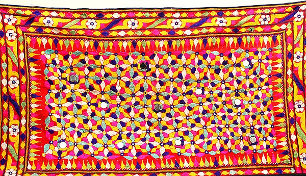 Multi-Color Antiquated Hand-Embroidered Wall Hanging from Kutch with Mirrors