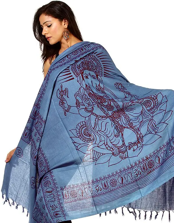 Royal-Blue Printed Ganesha PolyCotton Prayer Shawl