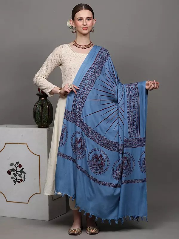 Light-Blue Hindu Prayer Shawl with Printed Dancing Shiva