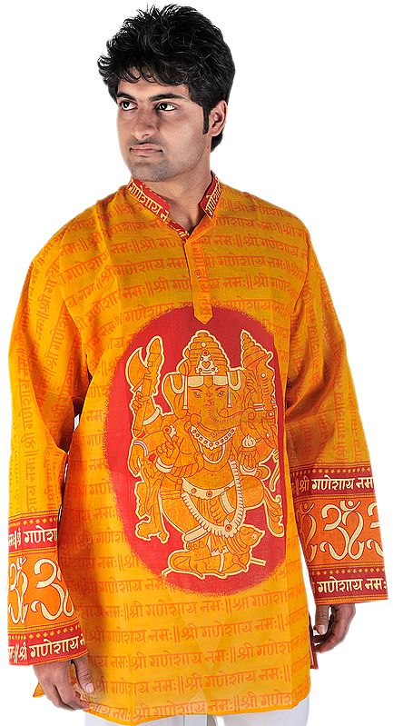 Saffrom Hindu Kurta with Printed Om Shri Ganeshai Namah Mantra