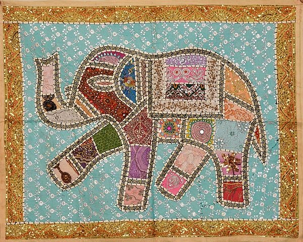 Patchwork Elephant Gujarati Wall Hanging with Embroidered Beads and Sequins