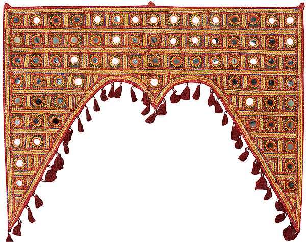 Maroon Embroidered Toran for the Doorstep from Kutch with Large Mirrors