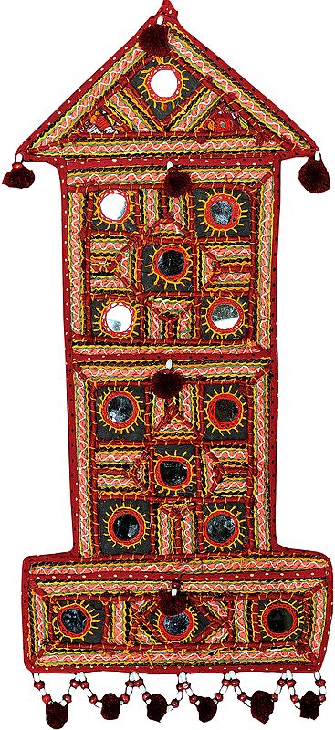 Tibetan-Red Wall-Hanging with Large Mirrors