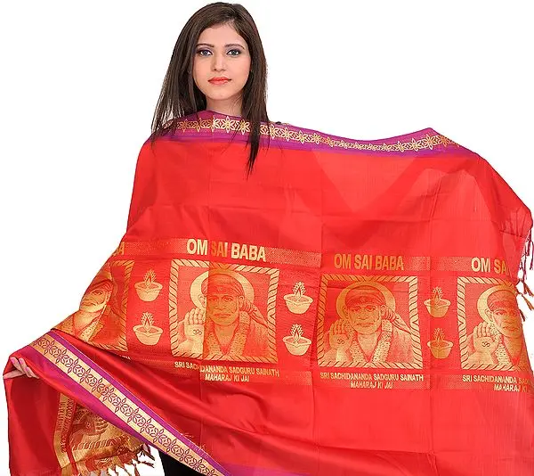 Rococco-Red Om Sai Baba Brocaded Shawl from Tamil Nadu