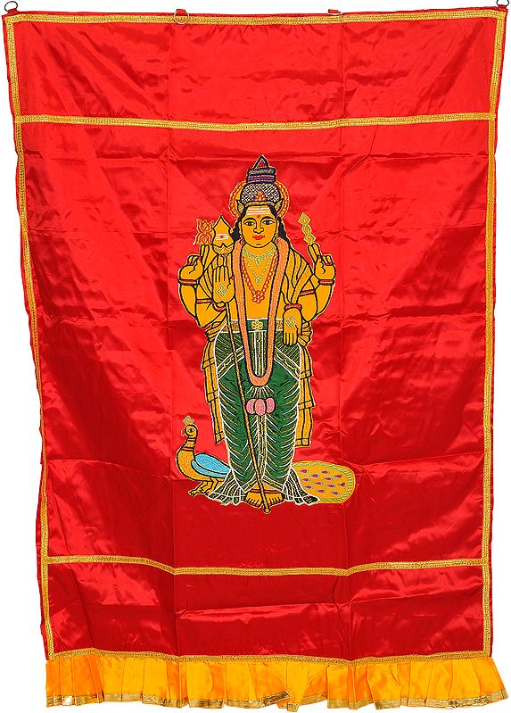 Rococco-Red Auspicious Temple Curtain with Embroidered Kumara Karttikeya and Peacock Applique
