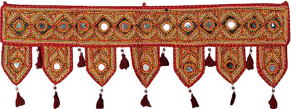 Biking-Red Toran for the Doorstep from Kutch with Embroidered Large Mirrors