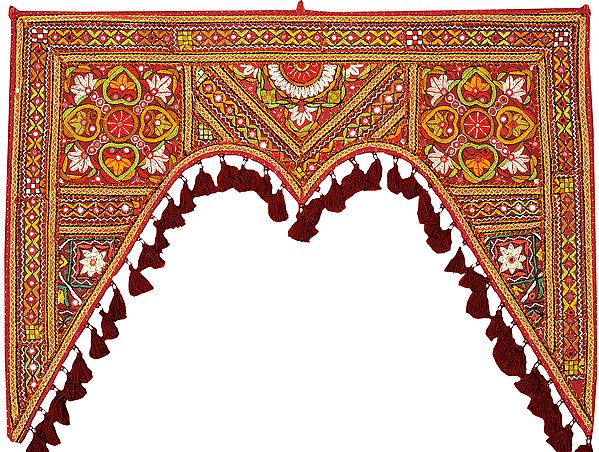 Oxblood-Red Toran for the Doorstep from Kutch with Floral Embroidery by Hand and Mirrors