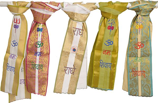 Lot of Five Scarves from Banaras with Brocade Weave and Embroidered Mantras