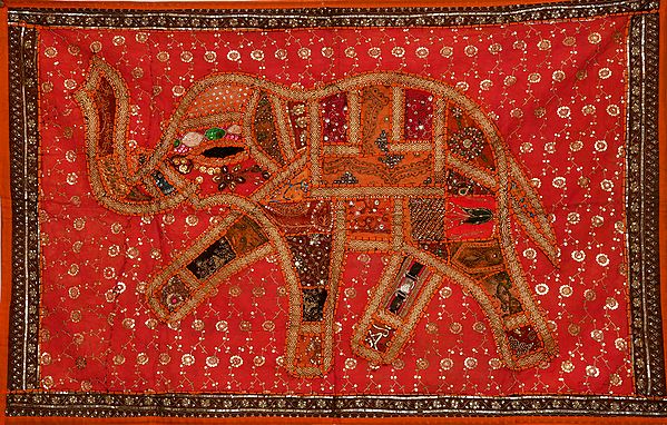 Claret-Red Wall Hanging from Gujarat with Embroidered Patched Elephant and Sequins All-Over