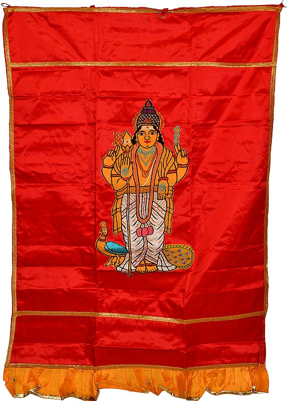 Red Karttikeya (Murugan) Auspicious Temple Curtain