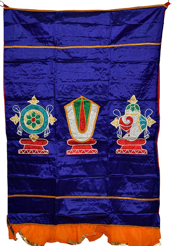 Clematis-Blue Auspicious Temple Curtain with Vaishnava Symbols in Applique