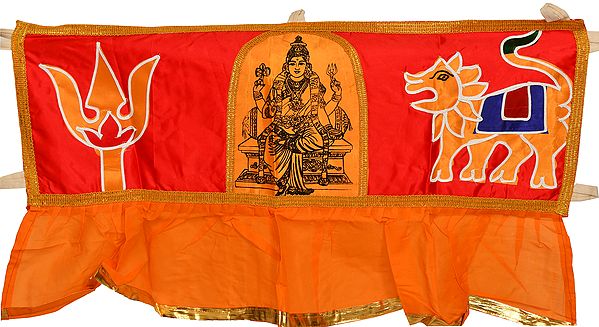 Red and Orange South Indian Goddess Durga Auspicious Toran for the Doorstep with Trident and Lion