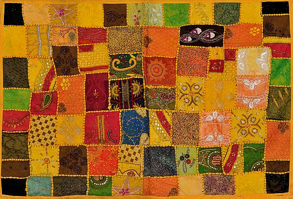 Freesia-Yellow Wall Hanging from Gujarat with Embroidered Patches and Bead-work