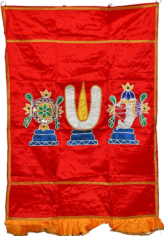 Rococco-Red Vaishnava Symbols Auspicious Temple Curtain