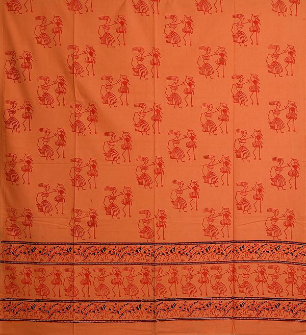 Cadmium-Orange Curtain with Warli Folk-Print