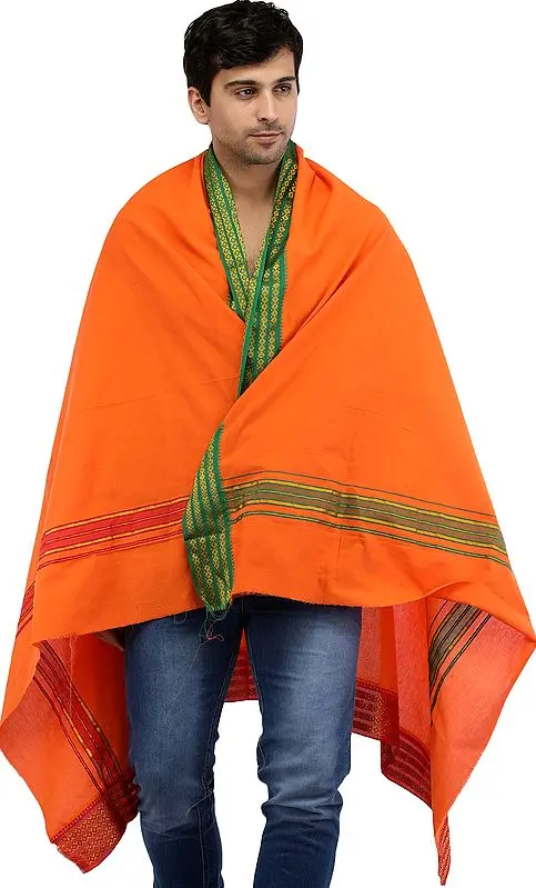 Mandarin-Orange Angavastram with Zari-Woven Border