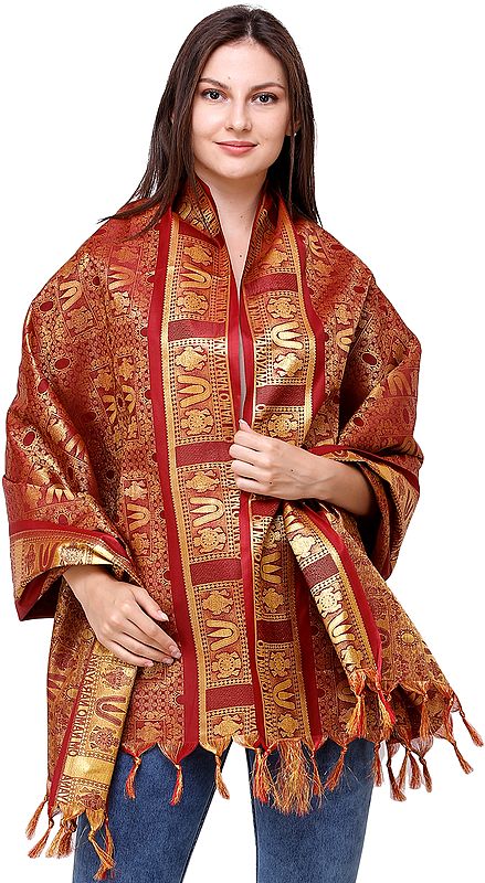 Rio-Red Brocaded Narayana Prayer Shawl with Zari-Weaving All-Over