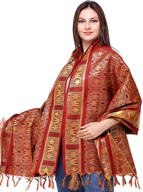 RioRed Brocaded Narayana Prayer Shawl with ZariWeaving AllOver Exotic India Art
