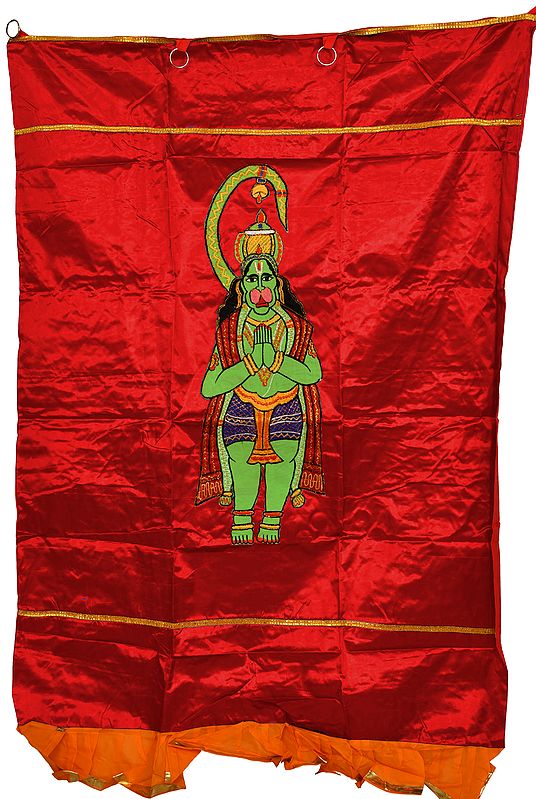 Tomato-Red Auspicious Temple Curtain with Embroidered Lord Hanuman in Applique