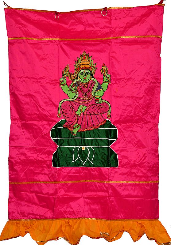 Fandango-Pink Auspicious Temple Curtain with Embroidered South-Indian Goddess Durga in Applique