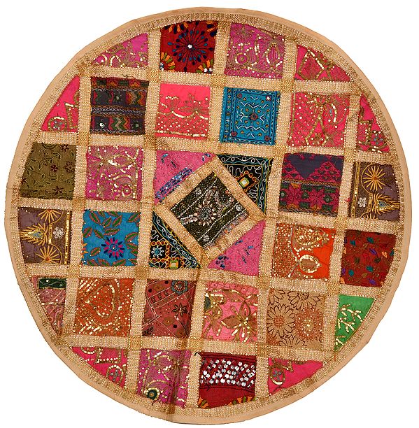 Circular Table Cover from Gujarat with Zari-Embroidered Beads and Sequins