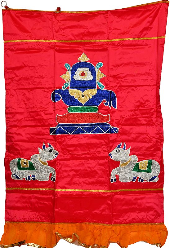 Rasberry-Pink Lord Shiva Linga and Nandi Auspicious Temple Curtain