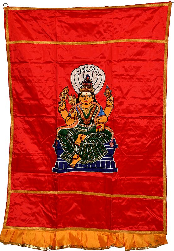 Scarlet-Red South Indian Goddess Karumariamman Auspicious Temple Curtain