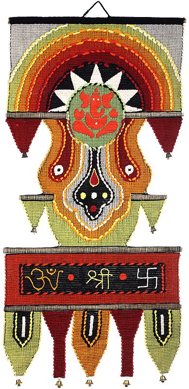 Ganesha Wall-Hanging from Maharashtra with Multicolored-Thread Embroidery and Bells