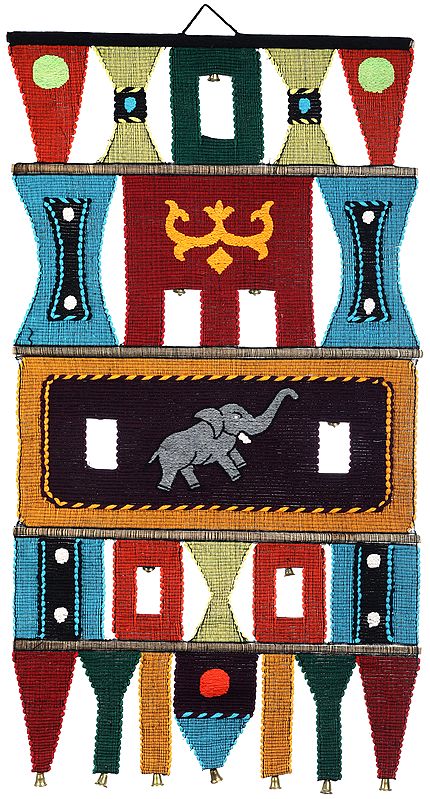 Multicolor Wall-Hanging from Maharashtra with Embroidered Elephants and Bells