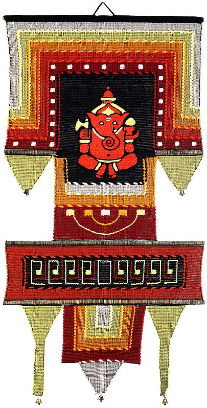 Handloom Wall-Hanging from Maharashtra with Embroidered Ganesha and Bootis