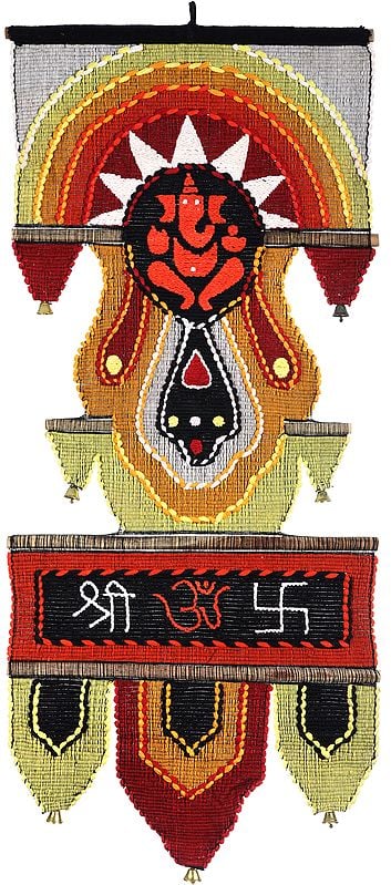 Ganesha Wall-Hanging with Multicolored-Thread Embroidered Om(AUM), Swastik and Shri