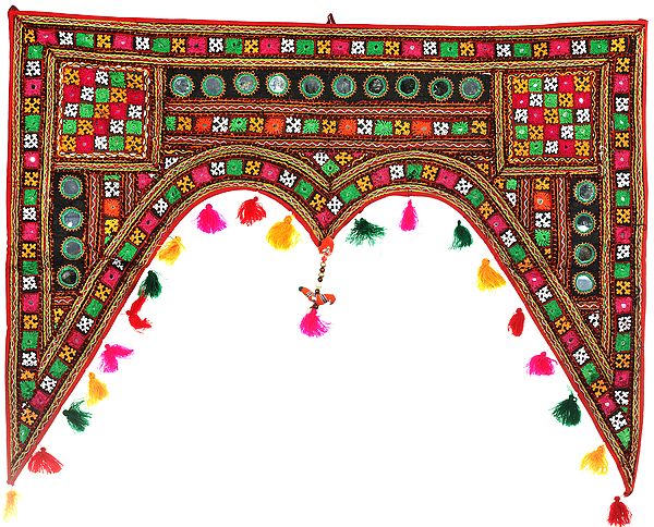 Multicolor Hand-Embroidered Toran for the Doorstep from Kutch with Mirrors and Hanging Parrot