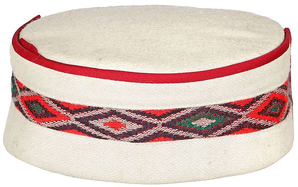 Off-White Kullu Patti Woolen Topi/Cap from Himachal with Multicolor Woven Patch Work