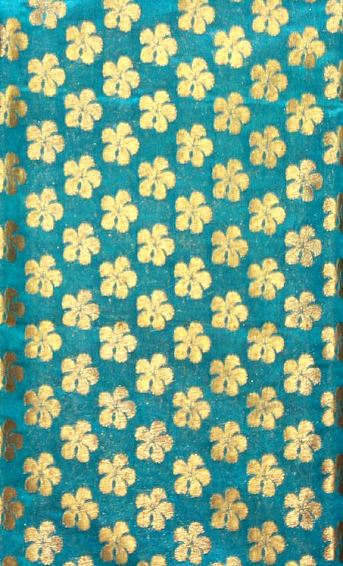 Teal-Green Fabric from Banaras with All-Over Woven Flowers in Golden Thread