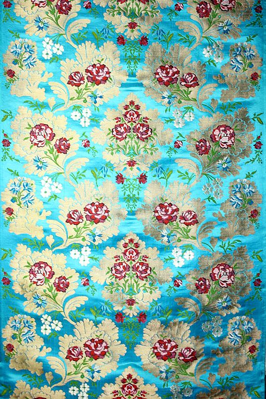 Turquoise-Blue Brocade with Flowers Woven on Golden Leaves