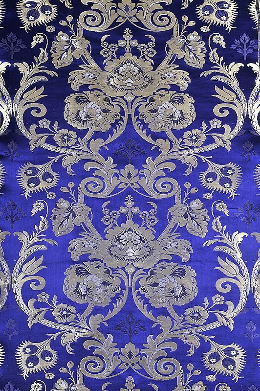 Wisteria-Blue Tibetan Lotus Brocade Fabric from Banaras
