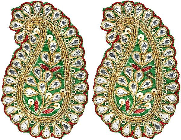 Green Paisley Zardozi Patch with Studded Stones and Sequins