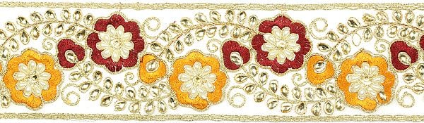 Beige Floral Embroidered Fabric Border with Crystals and Beads