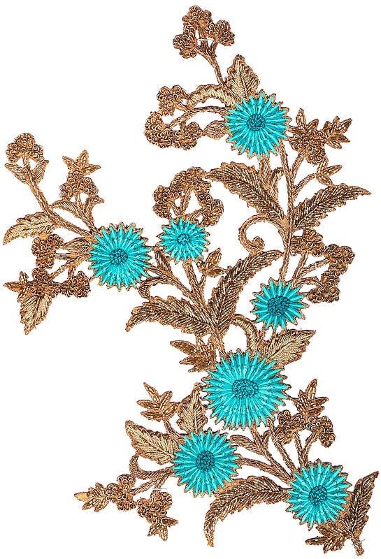 Gold and Green Floral Embroidered Patch with Beads