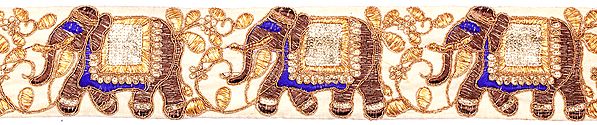 Bleached-Sand Fabric Border with Embroidered Elephants and Sequins