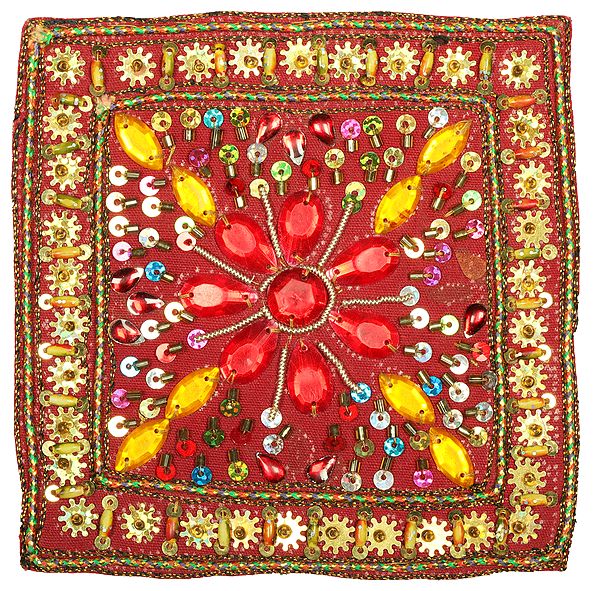 Oxblood-Red Zardozi Square Patch with Stones and Sequins